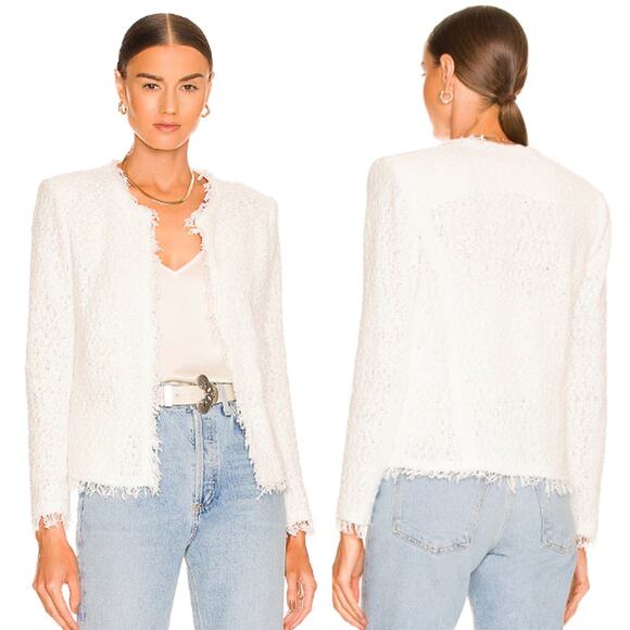 IRO Shavani Long Sleeve Fringe Trim Open Front Jacket White Women's Size OOP